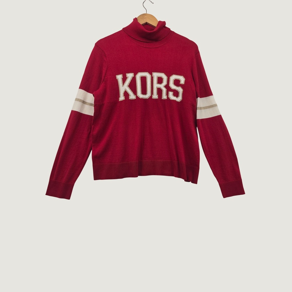 Michael Michael Kors Red Currant Varsity Logo Turtleneck Sweater XL NWT